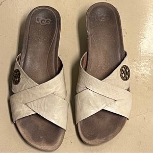 UGG Wedge Sandals Lyra Cream Logo Charm Cork Heel Slip On Memory Foam